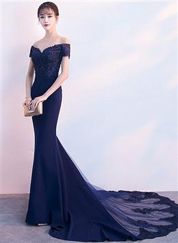 Picture of Pretty Navy Blue Mermaid Lace Long Party Dresses, Off Shoulder Evening Dresses